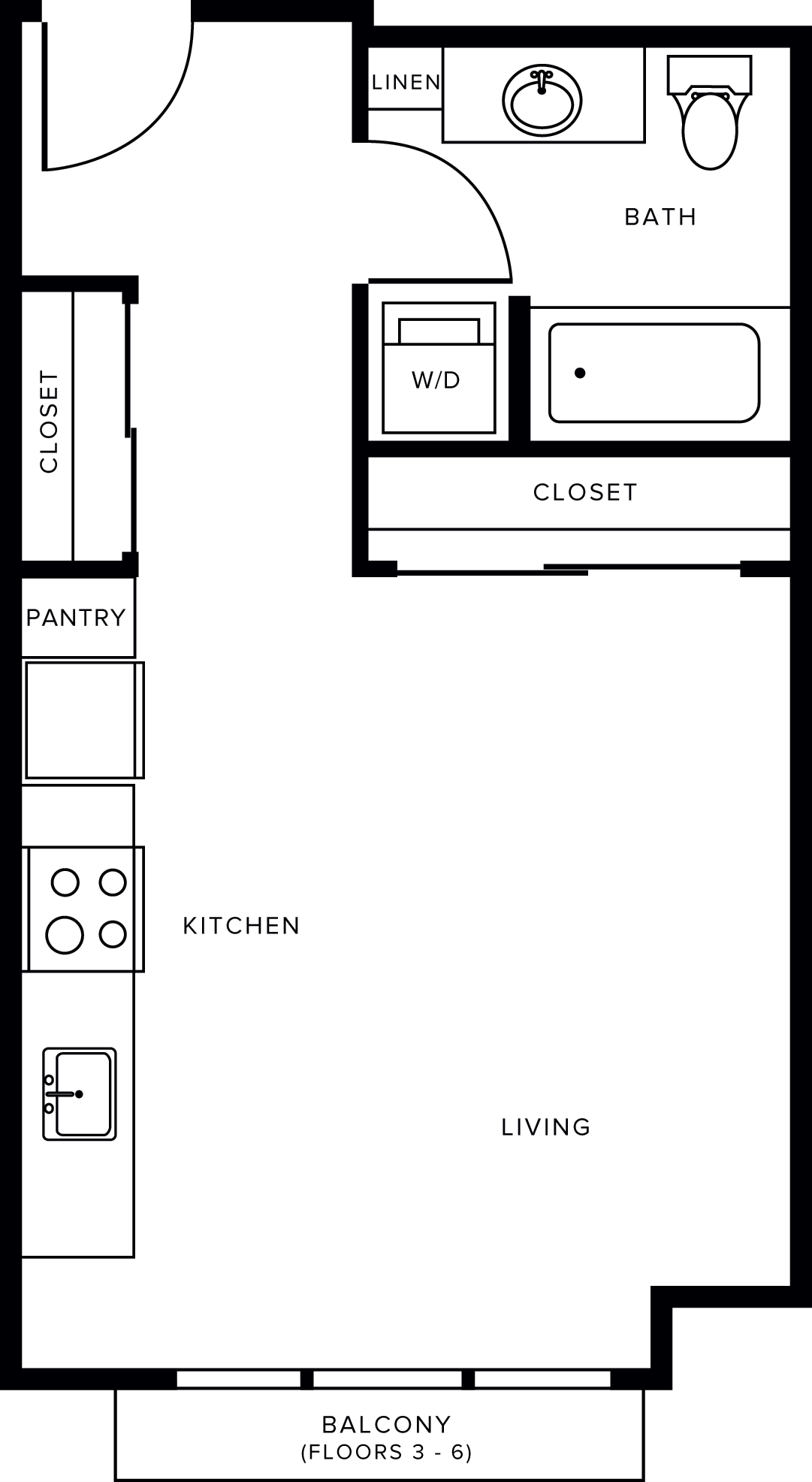 Floor plan for studio, 1 bath, 477 sqft